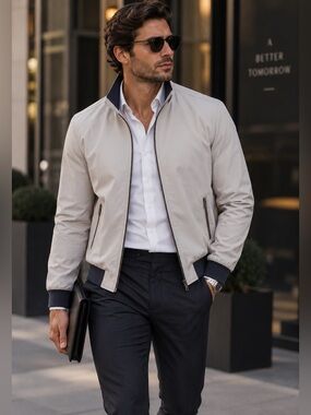 Zara Men's Light Gray Bomber Jacket with Dark Trim